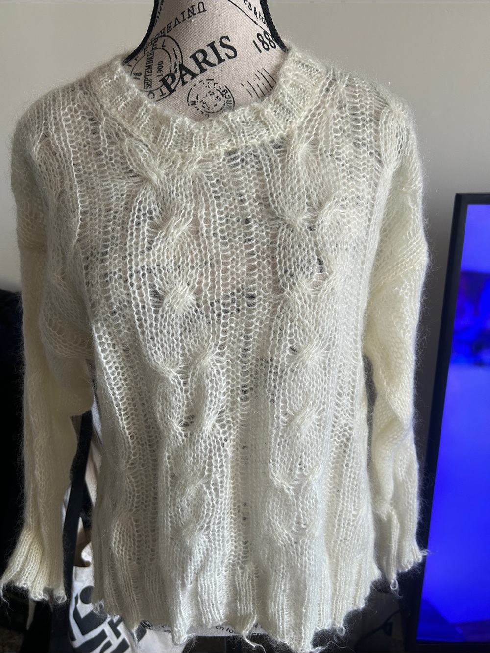 Anthropologie Ivory Open-Knit Cable Crew Sweater